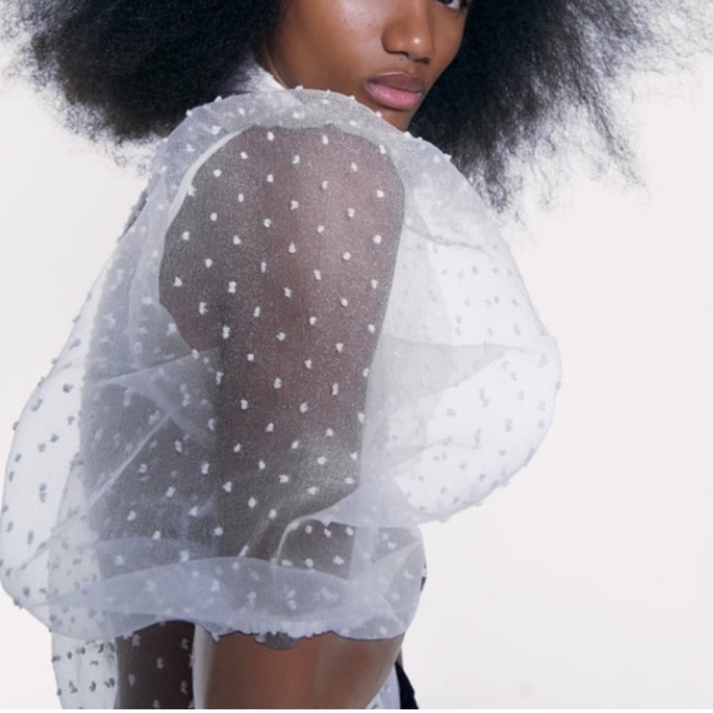 ZARA Elegant White Sheer Polka Dot Blouse TOP LARGE - Picture 3 of 11